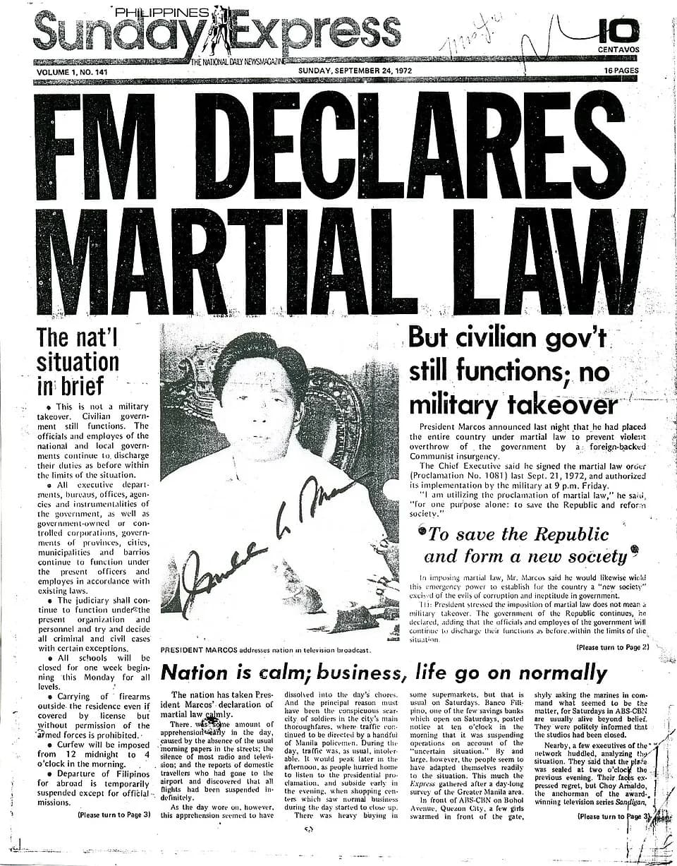 Daily Express front page announcing that Marcos declared martial law