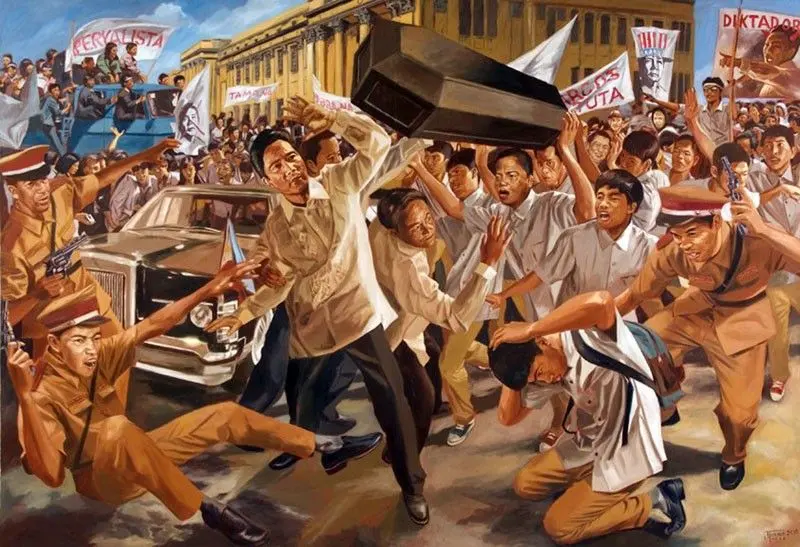 Painting of students clashing with police while carrying a coffin during the January 26, 1970 demonstration