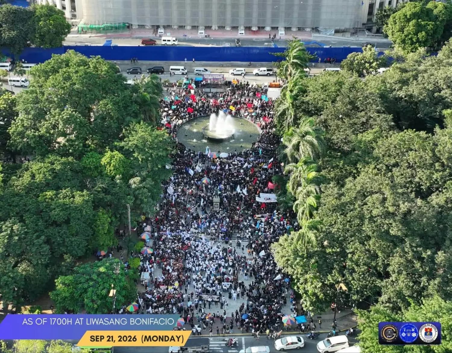 Aerial drone photo of a dense crowd filling Liwasang Bonifacio around the fountain on 21 September 2026