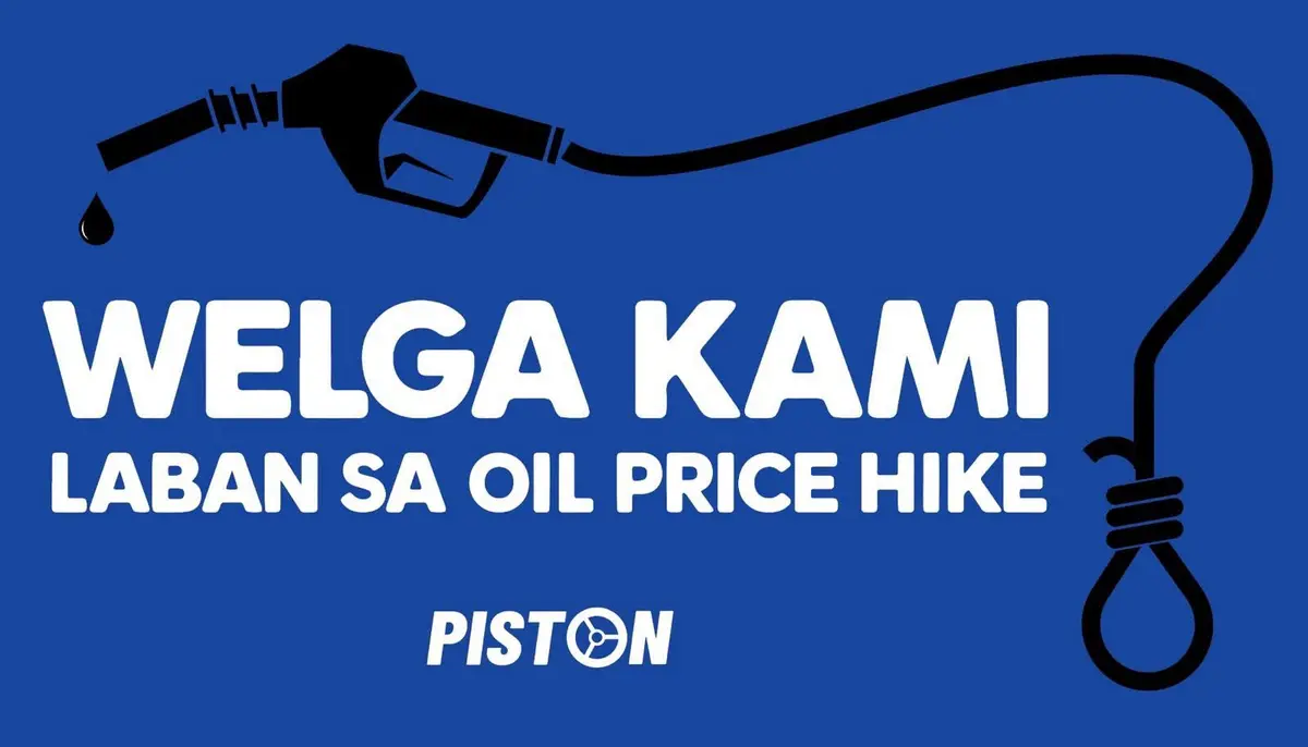 PISTON poster on a blue background with a fuel nozzle whose hose ends in a noose, reading Welga Kami laban sa oil price hike