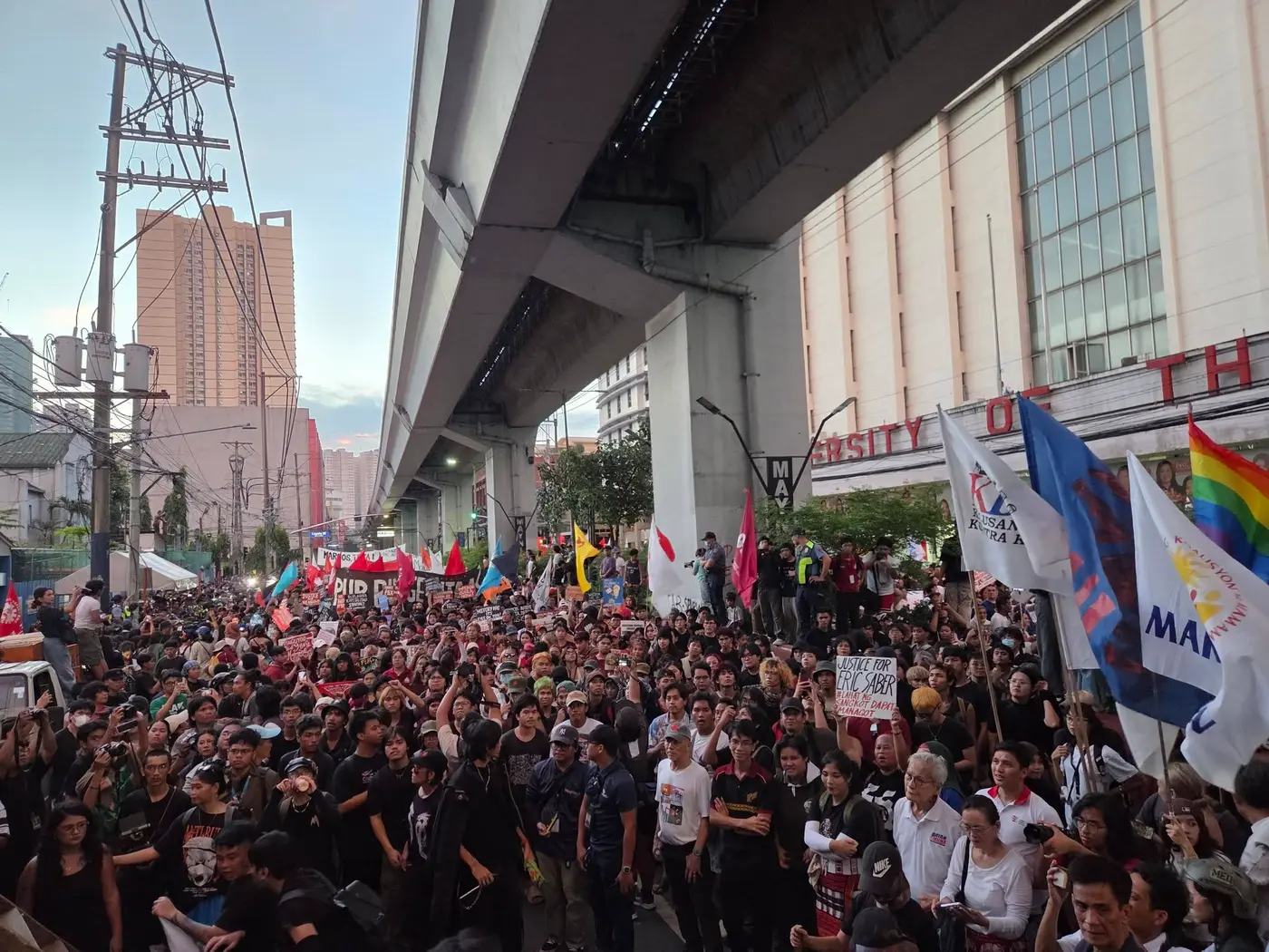 Massive crowd of protesters filling Recto Avenue under the LRT line beside University of the East on 21 September 2026