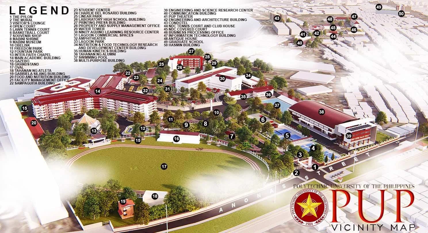 PUP Main vicinity map: the campus from above, with 50 numbered places and their legend, from the Pylon and the Mural at the gate on Anonas Street to the Graduate School and the Hasmin Building.